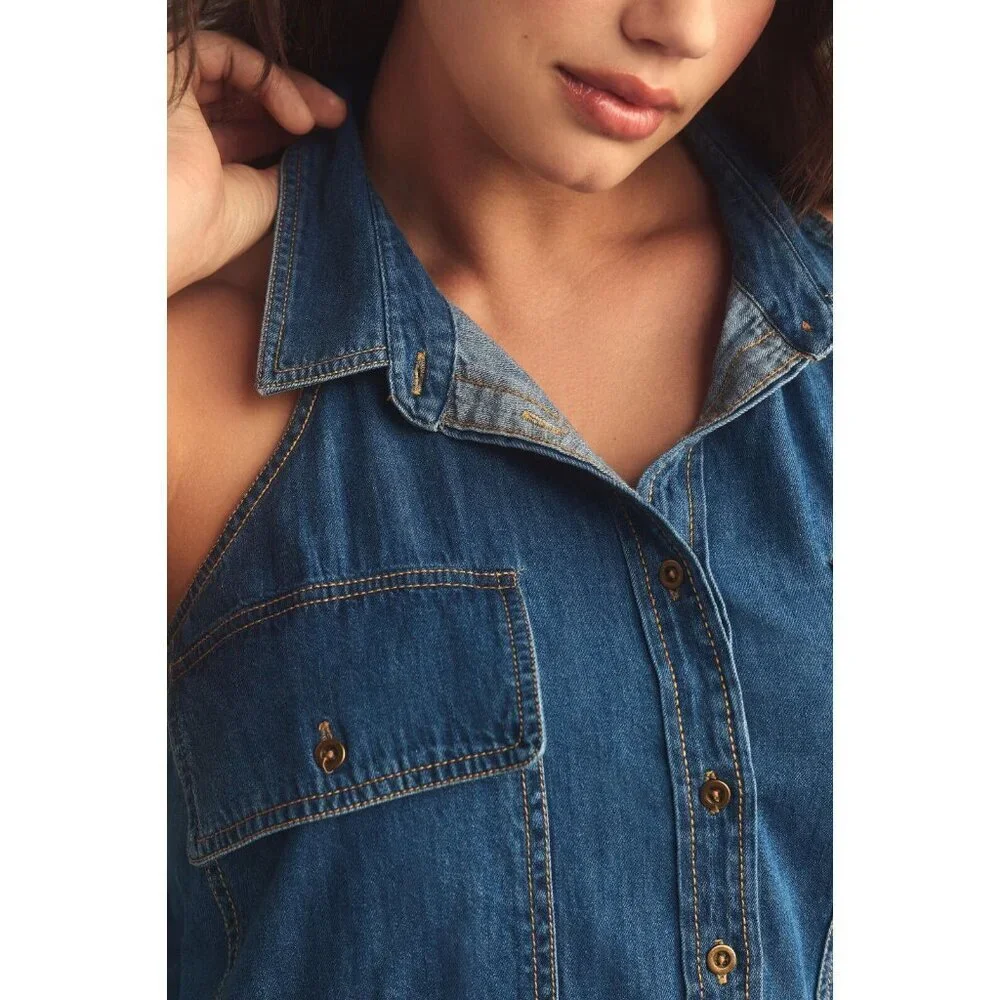 NWT Anthropologie Pilcro Sleeveless Halter Swing Midi Dress 2X Denim Blue - Picture 3 of 8